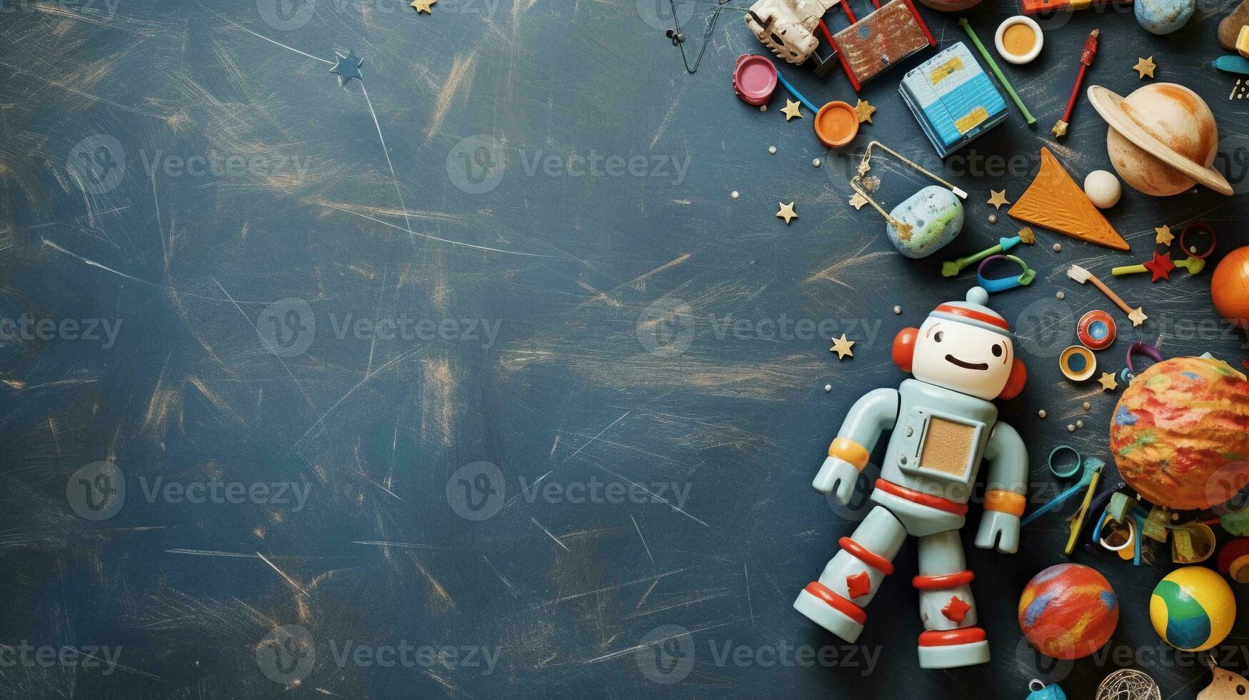 space for text on textured background surrounded by kids toys from top view, background image, AI generated photo