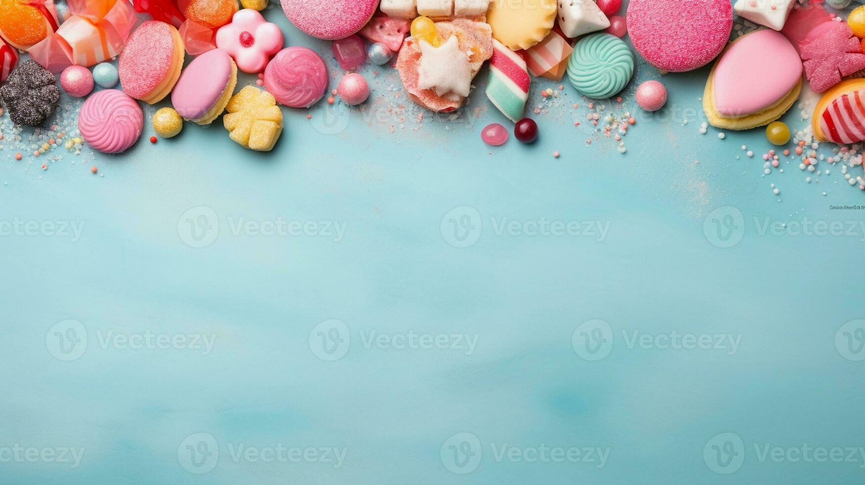 space for text on textured background surrounded by sweets and candies from top view, background image, AI generated photo
