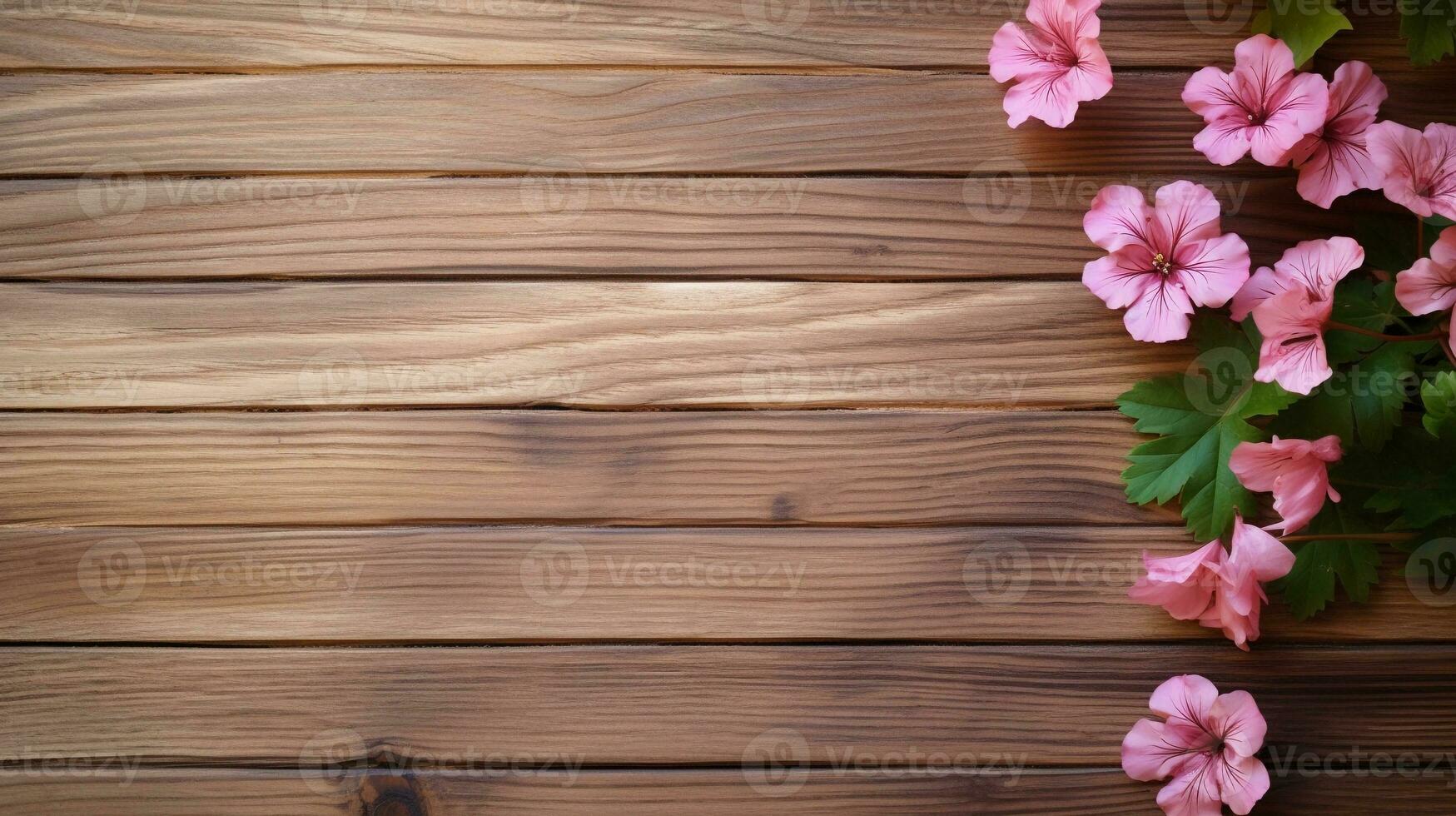 space for text on wooden textured background surrounded by Geranium flowers from top view, background image, AI generated photo