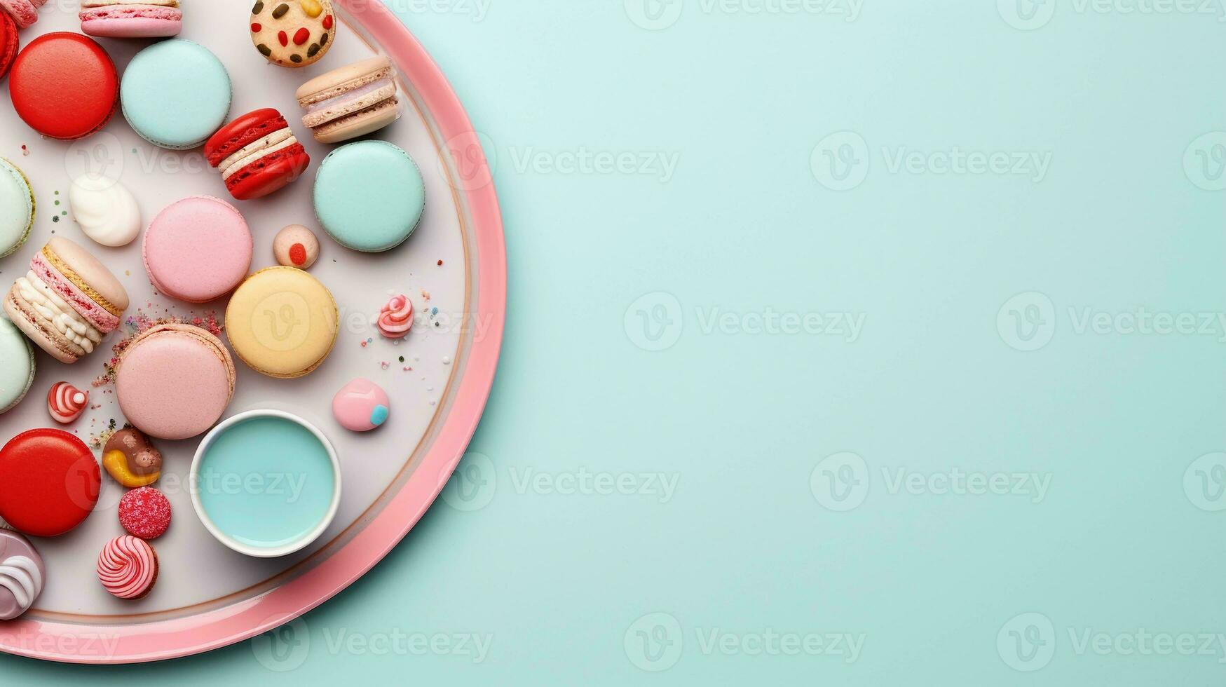 space for text on pastel background surrounded by decorative plates from top view, background image, AI generated photo