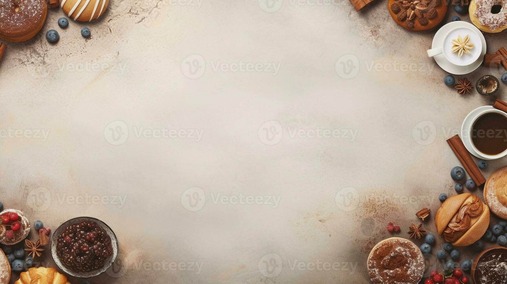 space for text on textured background surrounded by delicious cakes from top view, background image, AI generated photo