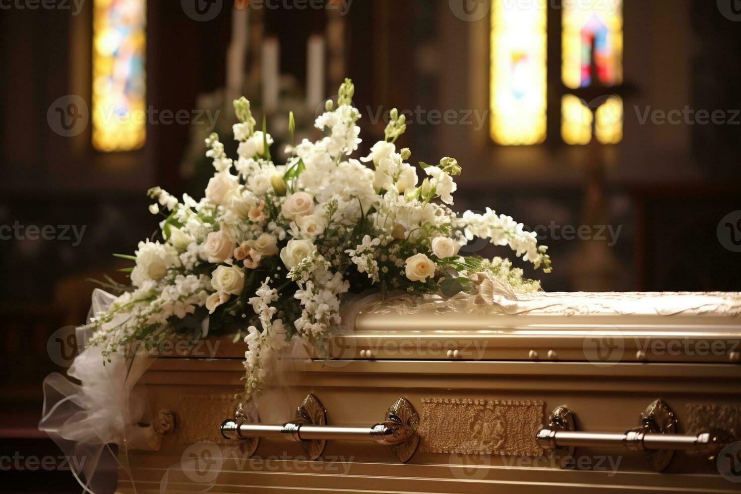 Beautiful flowers in a coffin at a funeral AI generated photo