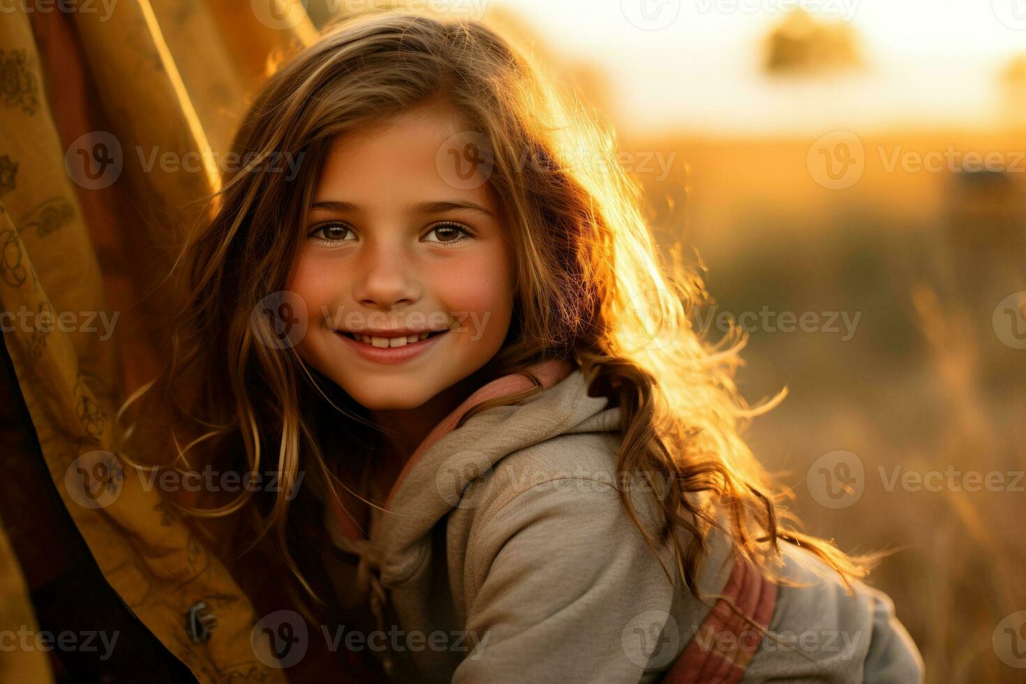 Portrait of cute little girl at camera while standing near camping tent at sunset AI generated photo