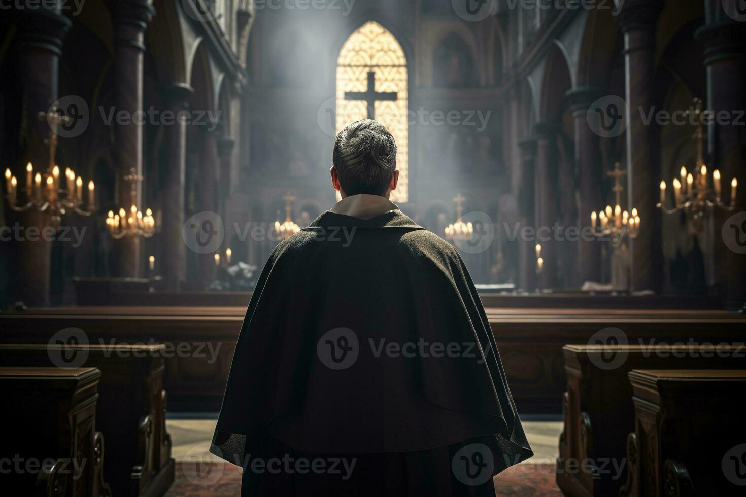 Rear view of priest looking at church interior. Religion concept. AI generated photo