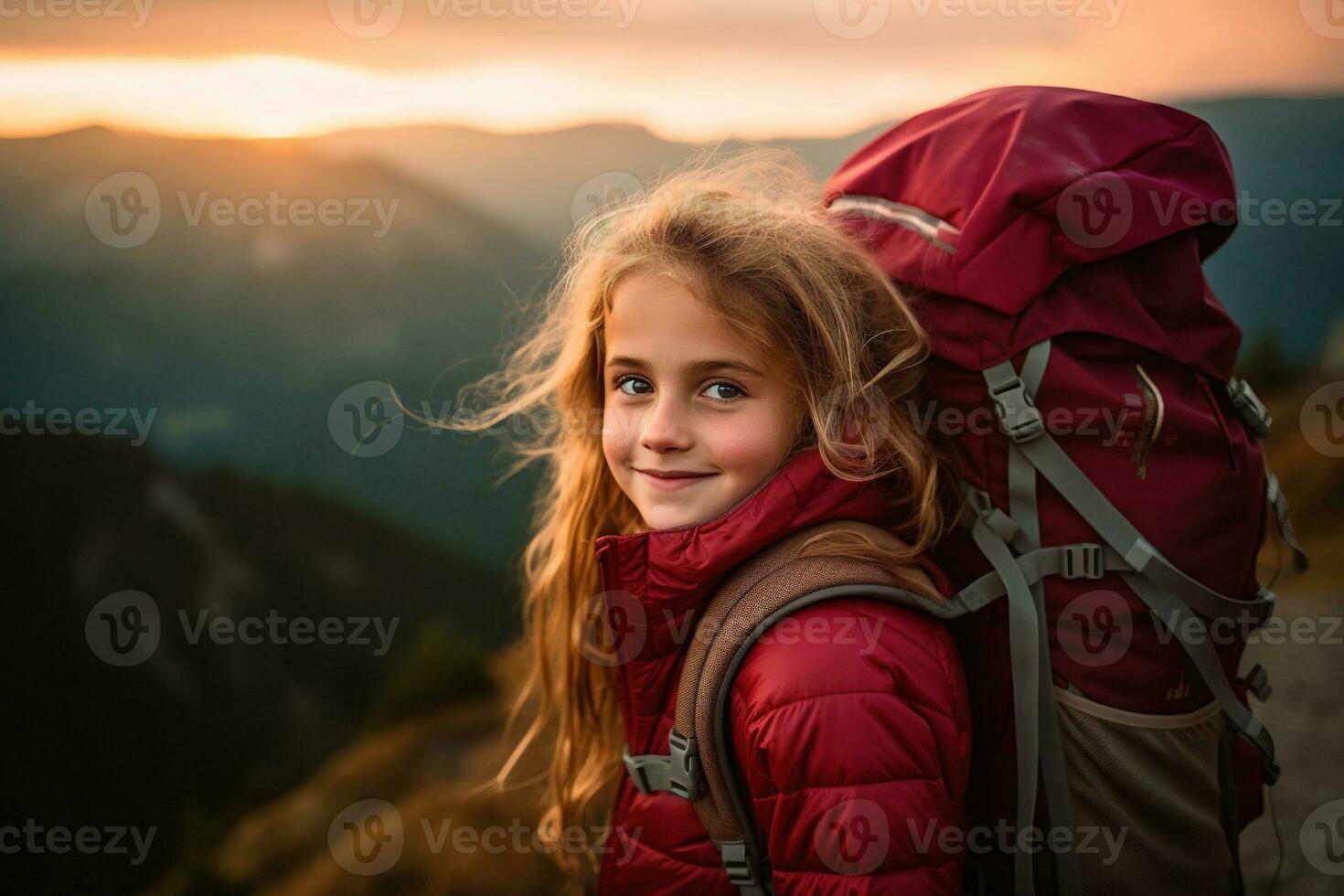 little girl with backpack hiking on mountain peak at sunset, travel and adventure concept AI generated photo