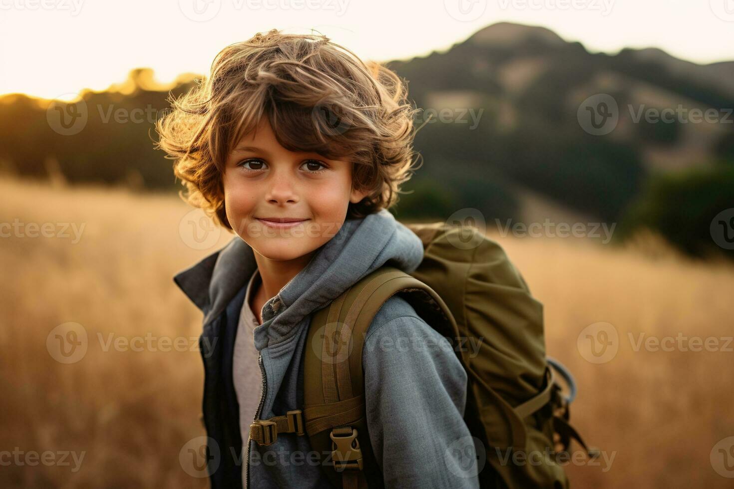 Portrait of a cute boy looking at camera while near his tent in nature AI generated photo