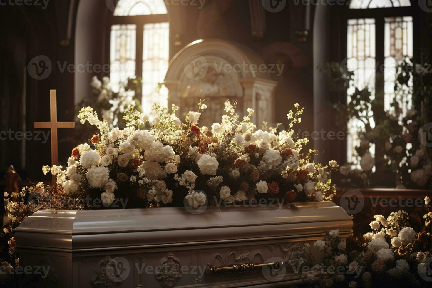 Beautiful flowers in a coffin at a funeral AI generated photo