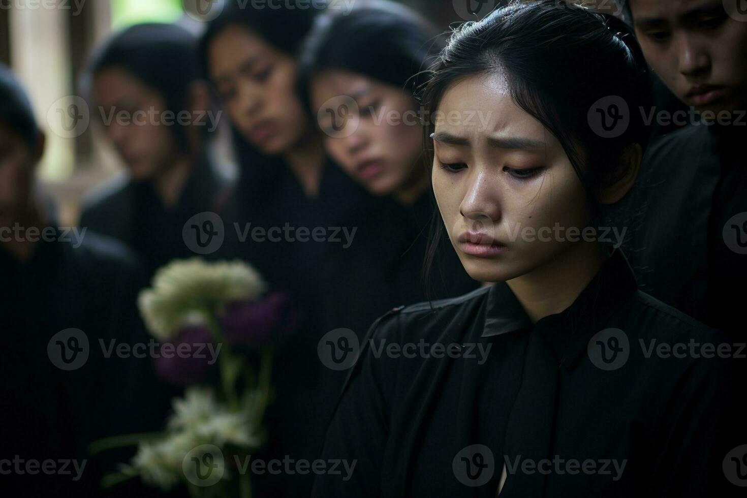 asiático mujer en luto a un funeral, superficial profundidad de campo.funeral concepto ai generado foto