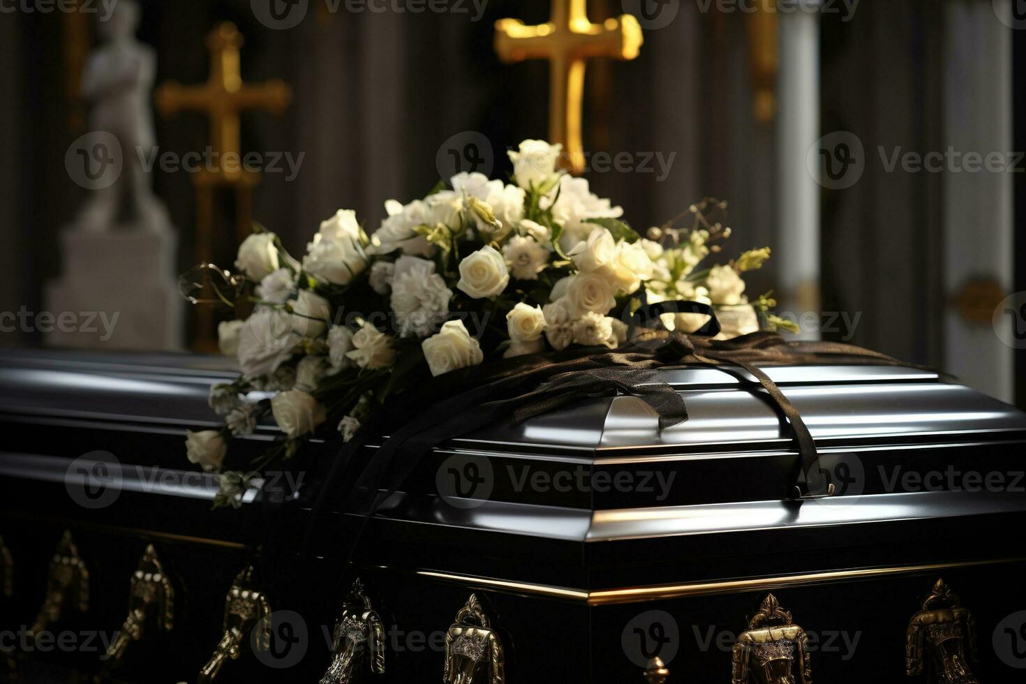 closeup shot of a casket in a hearse or chapel before funeral or burial at cemetery AI generated photo