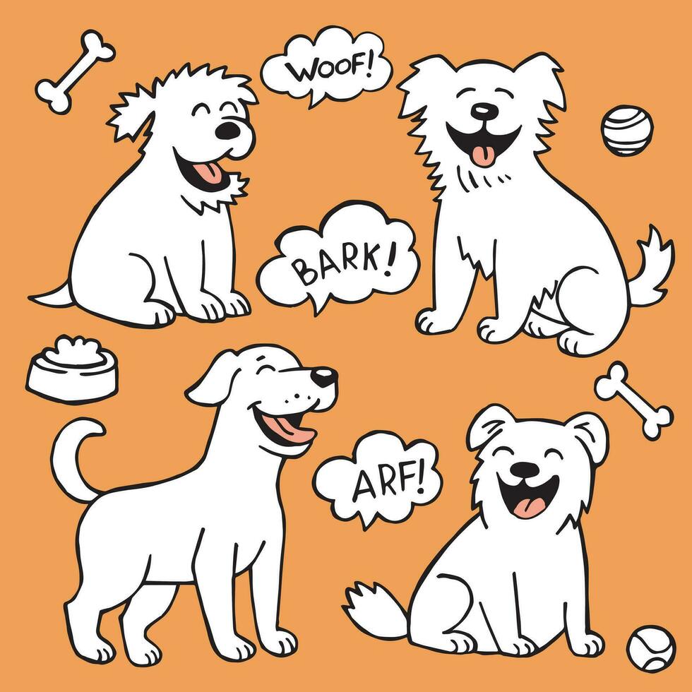 cute drawing set of funny dogs in doodle style. funny doggies, line illustration vector