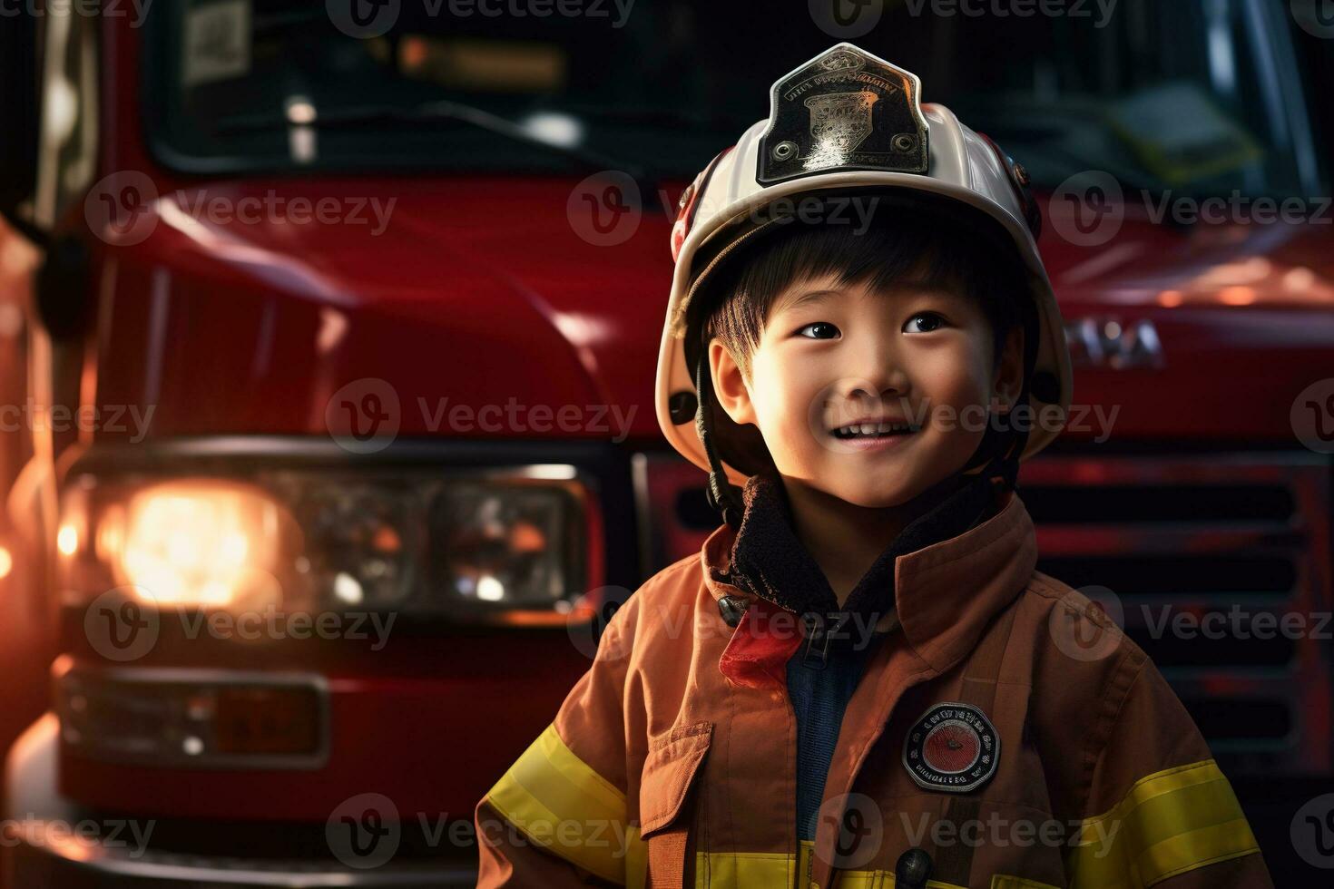 Portrait of cute little boy wearing firefighter uniform in the fire department AI generated photo