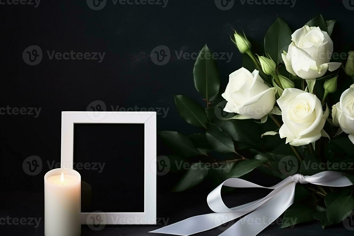 White roses with ribbon and photo frame on black background.Funeral Concept AI generated