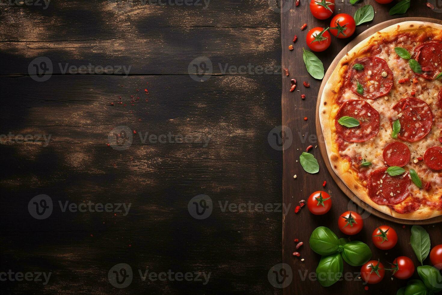 pepperoni Pizza en un oscuro antecedentes. parte superior ver con Copiar espacio. ai generado foto