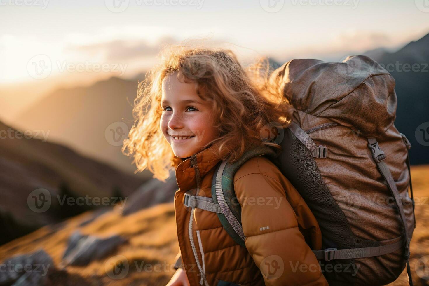 little girl with backpack hiking on mountain peak at sunset, travel and adventure concept AI generated photo