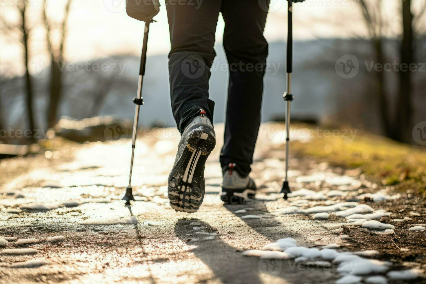 Man practicing nordic walking with poles outdoor training. Generate Ai photo