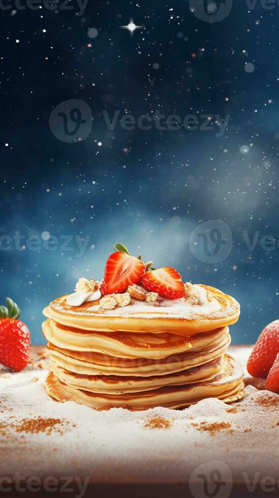 Textured background surrounded by delicious pancake, background image, vertical format, generative AI photo
