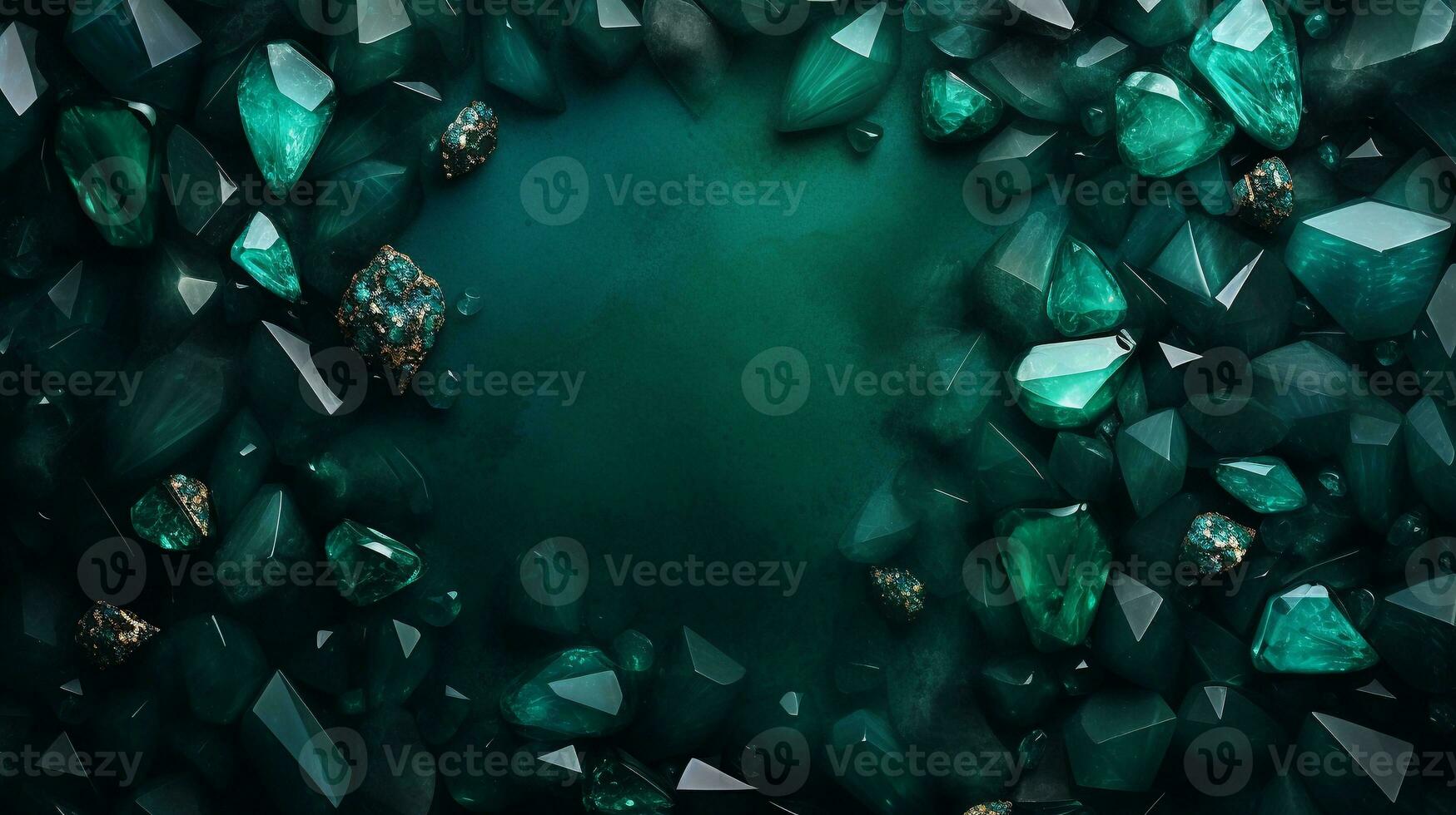 space for text on textured background surrounded by beautiful emeralds, background image, generative AI photo