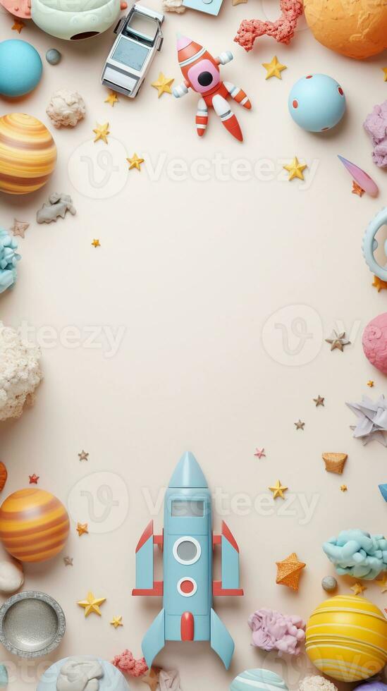 Pastel background surrounded by kids toys from top view, background image, vertical format, generative AI photo