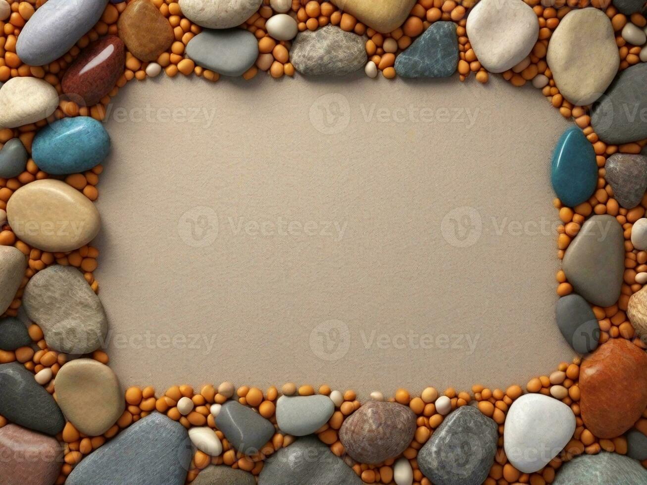 Textured background surrounded by various colorful decorative stones from top view, background image, generative AI photo