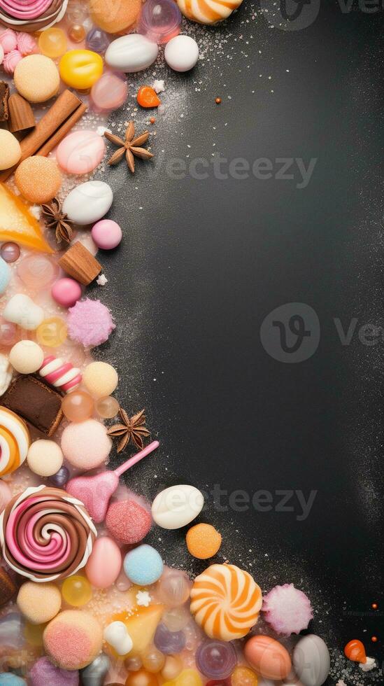 Textured background surrounded by sweets and candies from top view, background image, vertical format, generative A photo