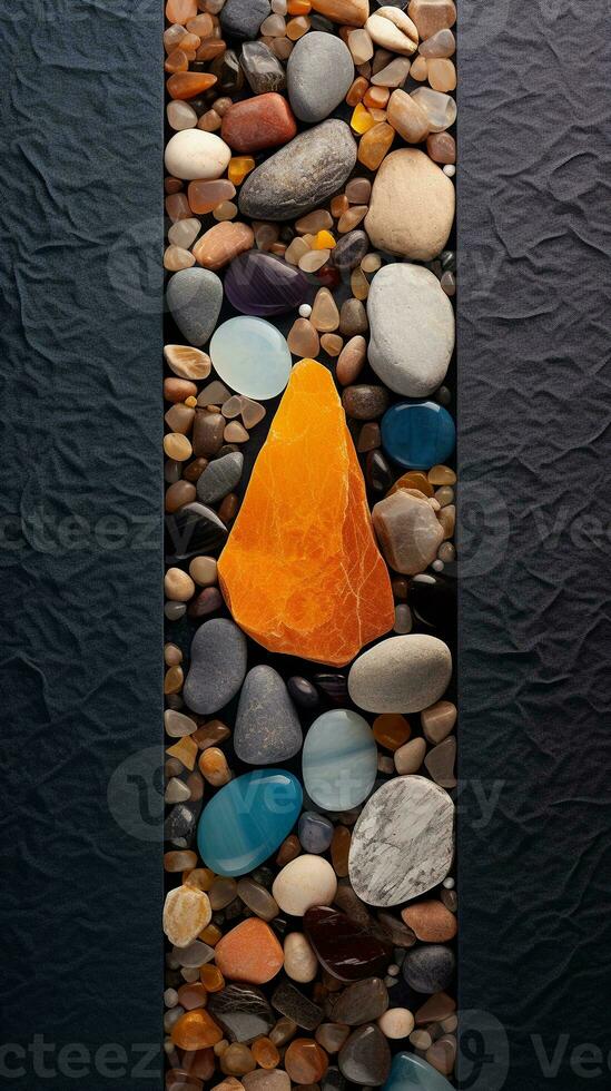 Carpet background surrounded by various colorful decorative stones from top view, background image, vertical format, generative AI photo