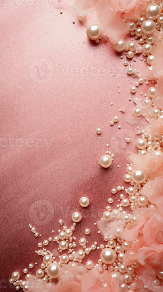 Textured background surrounded by beautiful pearls, background image, vertical format, generative AI photo