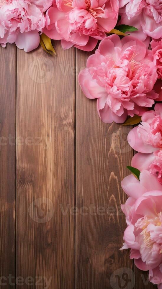 Wooden background surrounded by Peony flowers from top view, background image, vertical format, generative AI photo