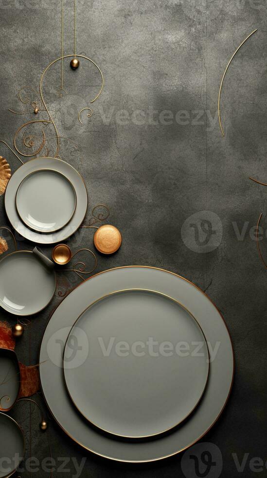 Textured background surrounded by decorative plates, background image, vertical format, generative AI photo