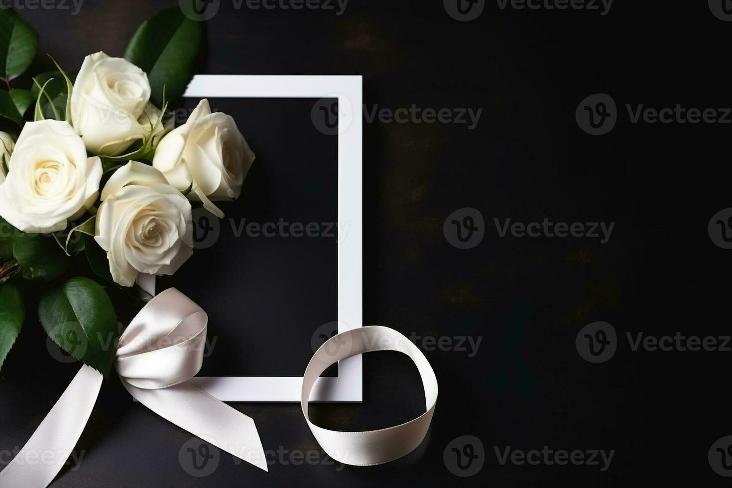 White roses with ribbon and photo frame on black background.Funeral Concept AI generated