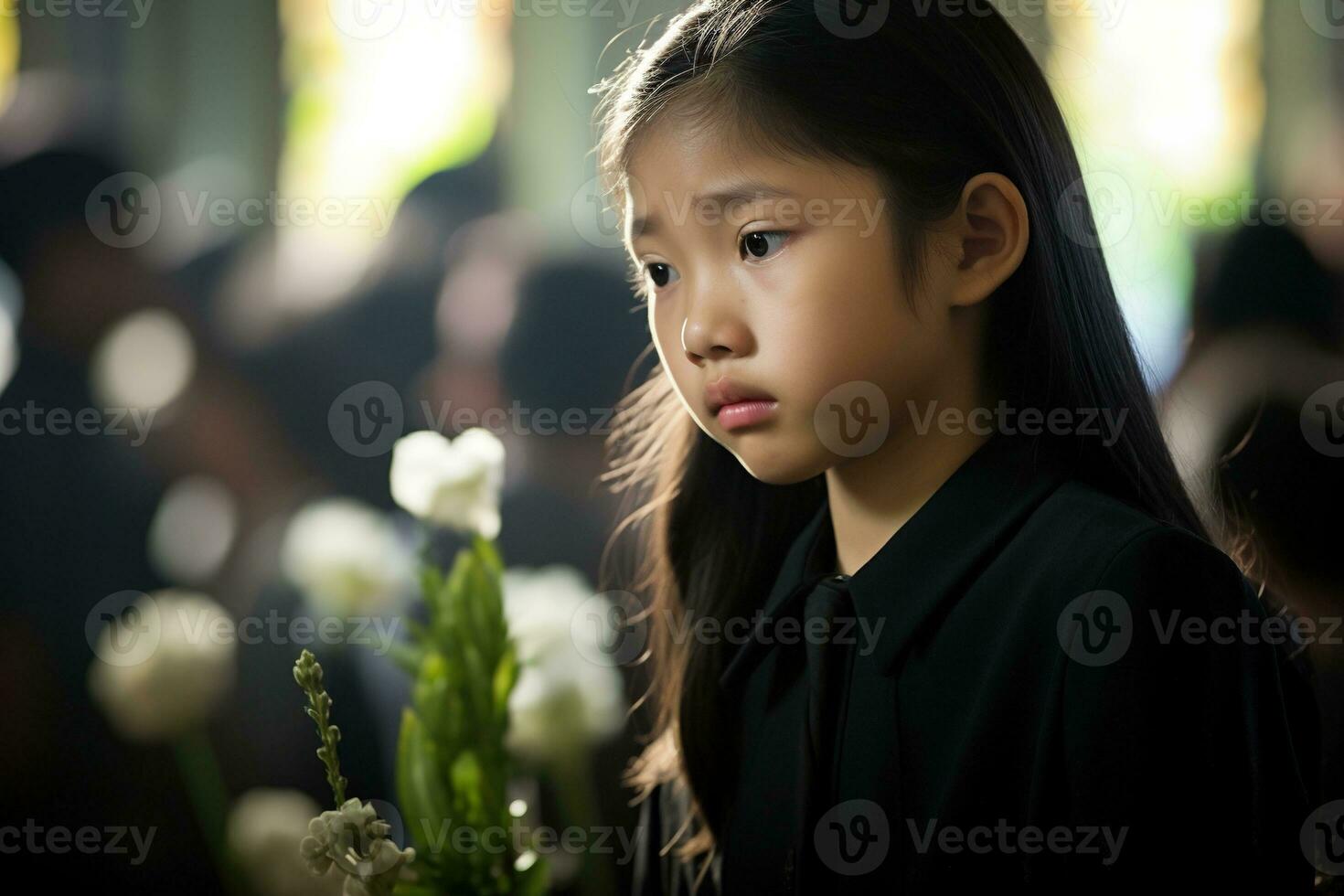 Portrait of a little asian girl with in the cemetery,Funeral Concept AI generated photo
