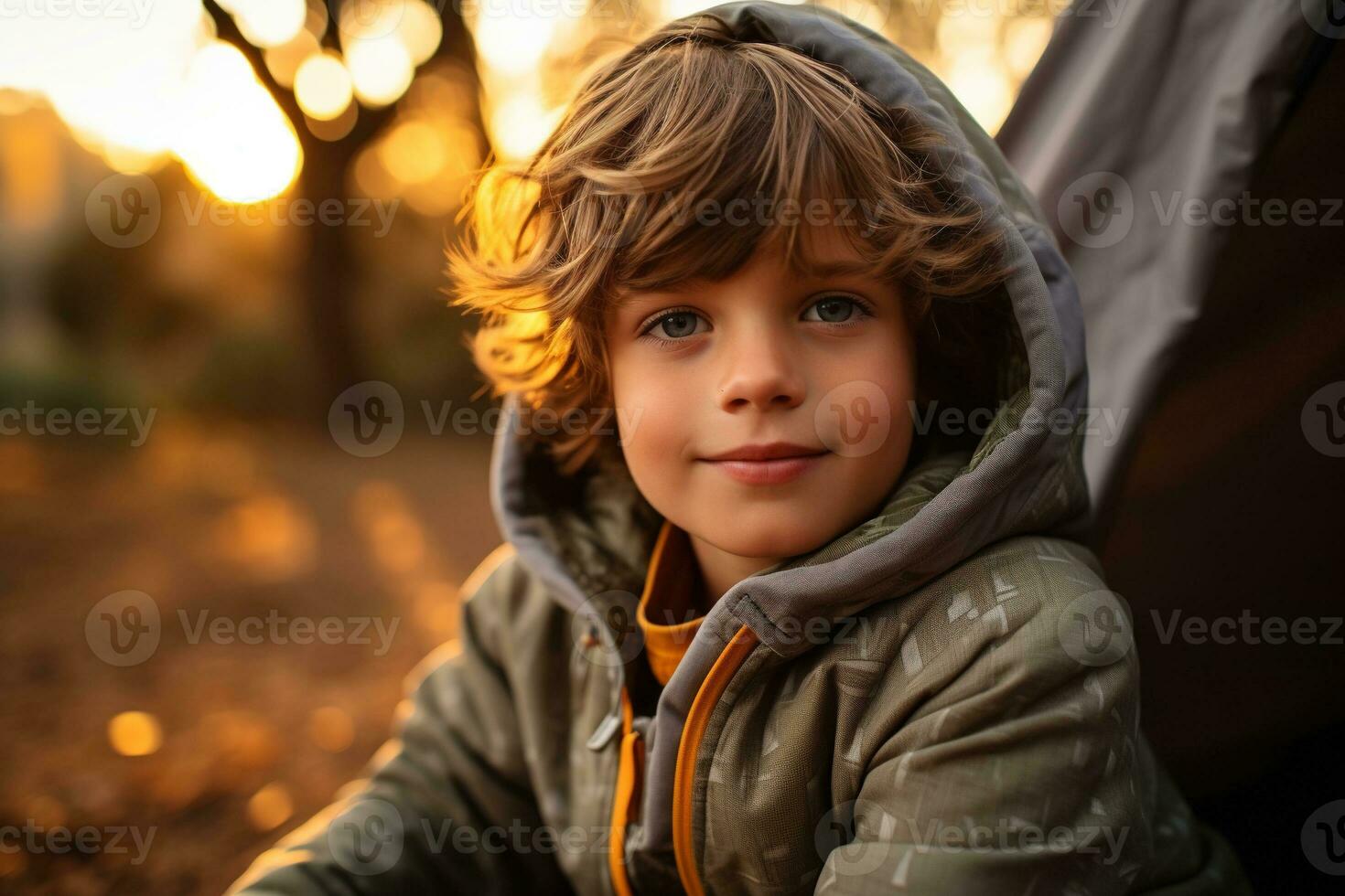 Portrait of a cute boy looking at camera while near his tent in nature AI generated photo