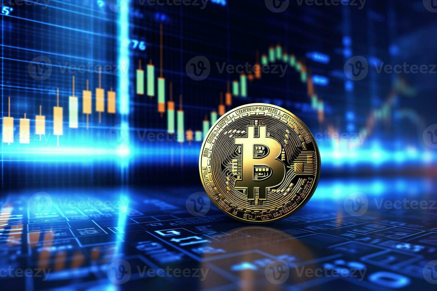 Golden Bitcoin on the background of the stock market chart. Cryptocurrency concept. AI generated photo
