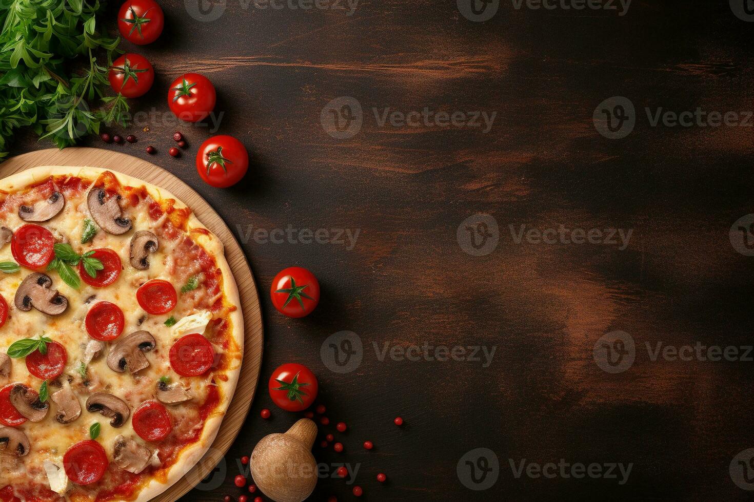 Pepperoni pizza on a Dark background. Top view with copy space. AI generated photo