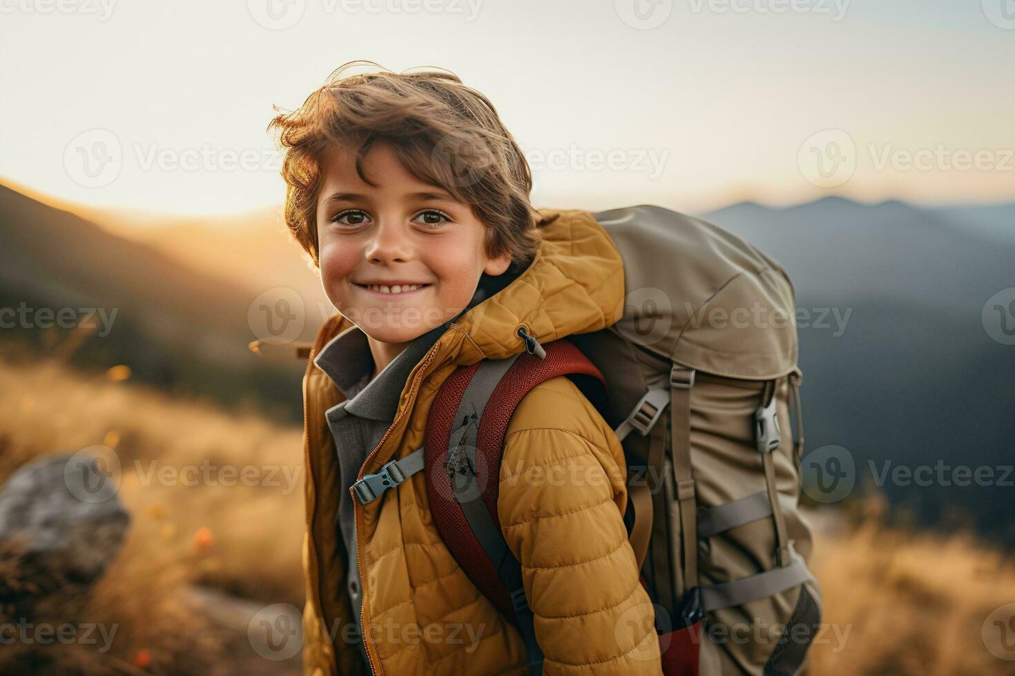 adorable pequeño chico con mochila excursionismo en montañas a puesta de sol. viaje y activo estilo de vida concepto ai generado foto