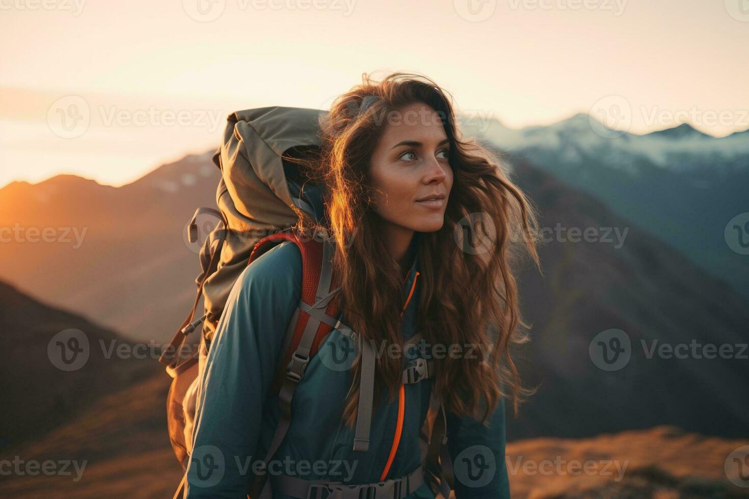 hermosa mujer caminante con mochila excursionismo en el montañas a puesta de sol ai generado foto