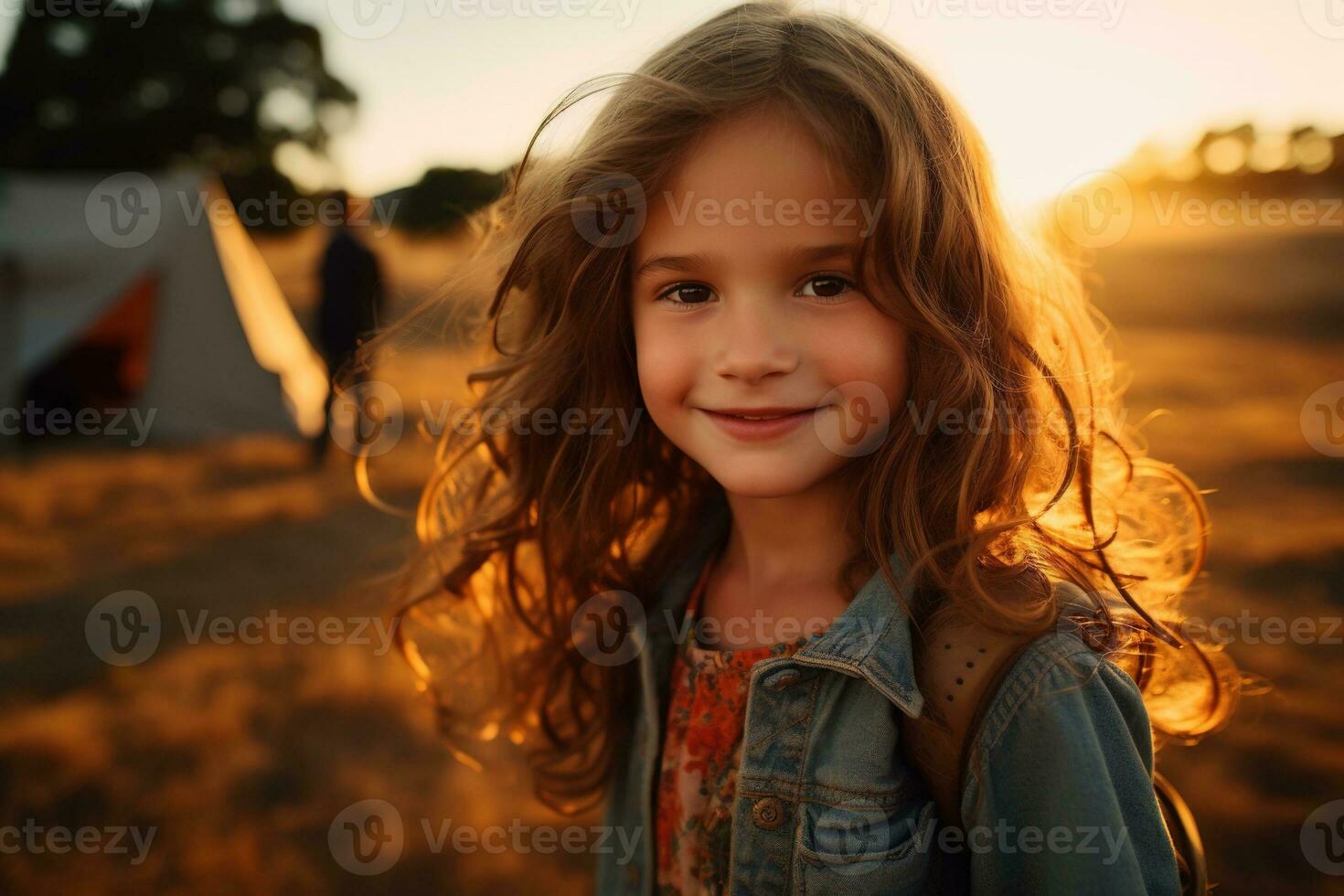 Portrait of cute little girl at camera while standing near camping tent at sunset AI generated photo