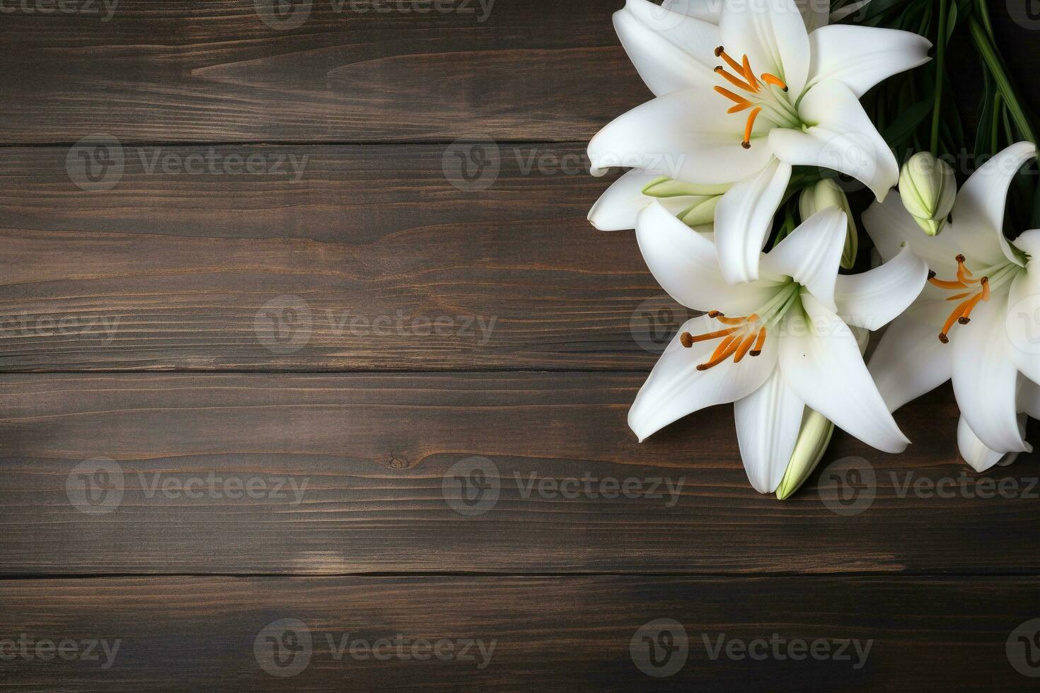 White lily flowers on wooden background. Top view with copy space.Funeral Concept AI generated photo