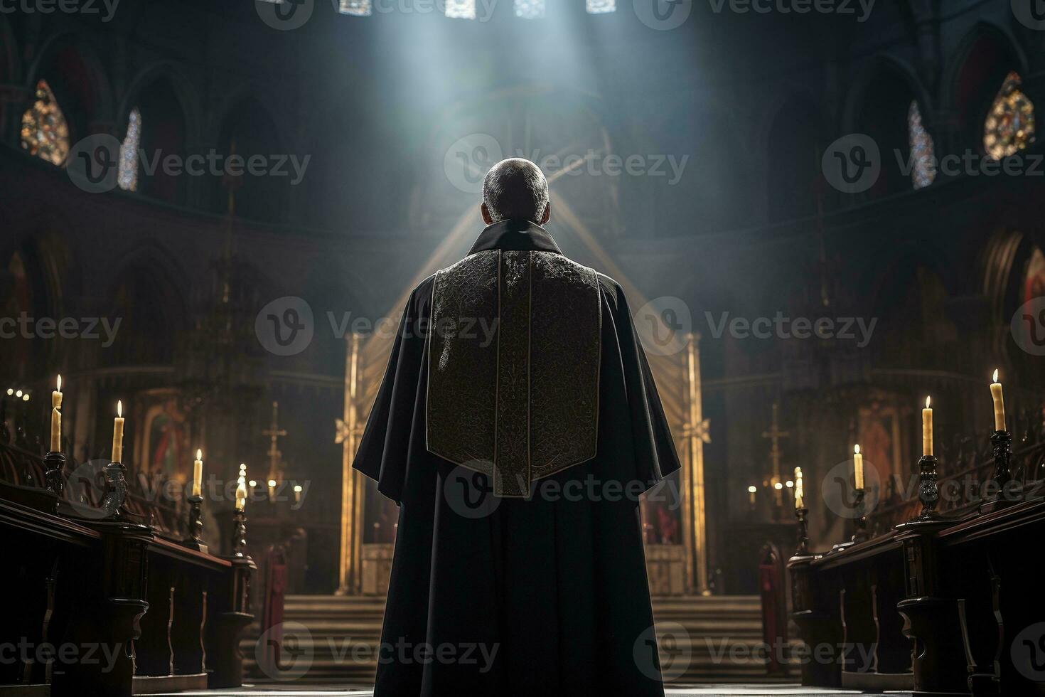 Rear view of priest looking at church interior. Religion concept. AI generated photo