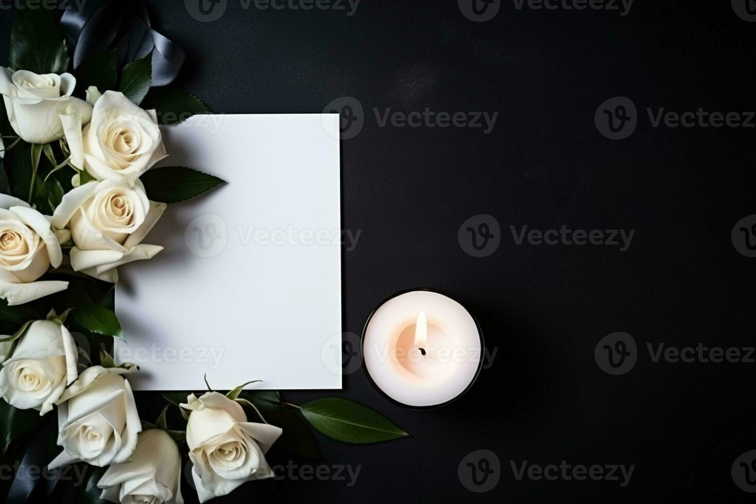 White roses with ribbon and photo frame on black background.Funeral Concept AI generated