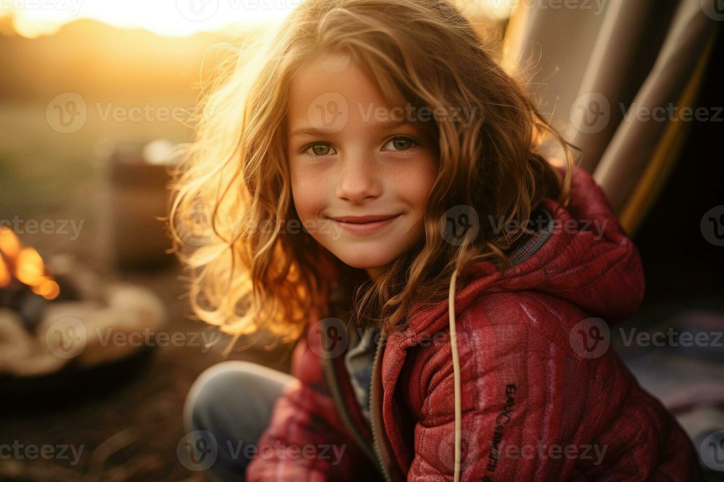 Portrait of cute little girl at camera while standing near camping tent at sunset AI generated photo