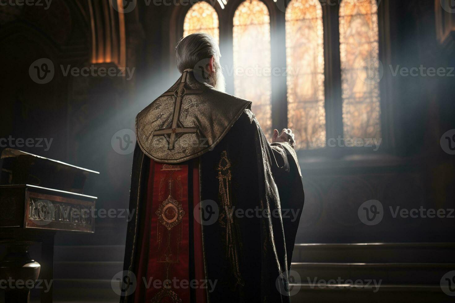 Rear view of priest looking at church interior. Religion concept. AI generated photo