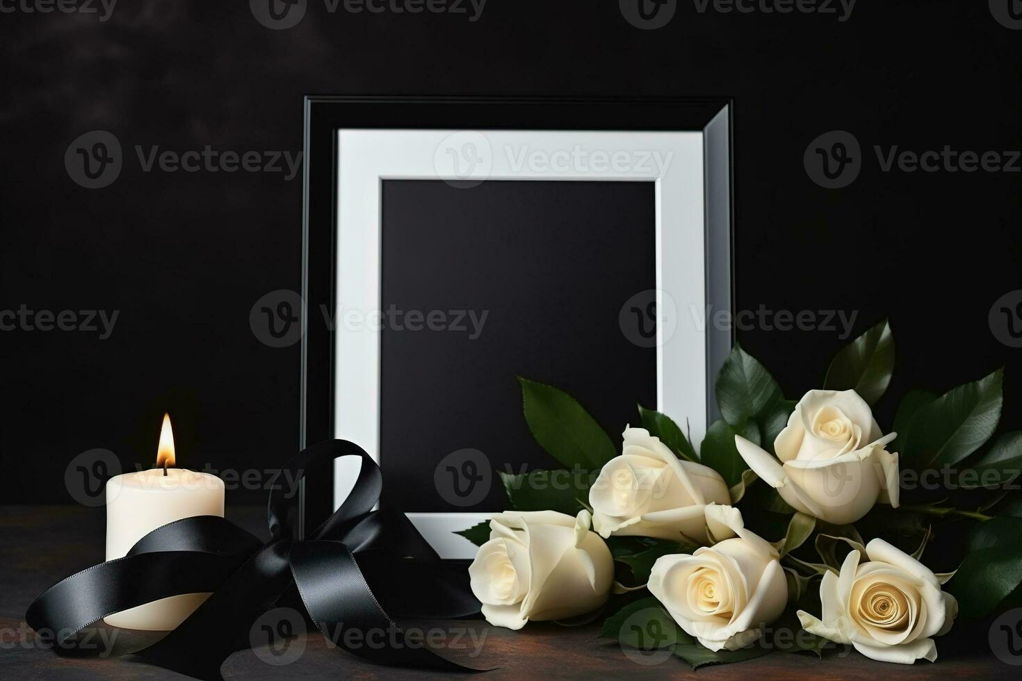 White roses with ribbon and photo frame on black background.Funeral Concept AI generated