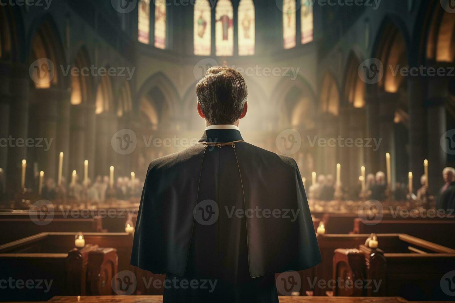 Rear view of priest looking at church interior. Religion concept. AI generated photo