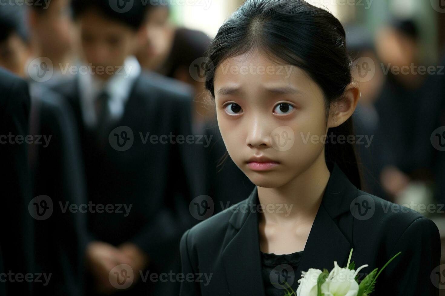 Portrait of a little asian girl with in the cemetery,Funeral Concept AI generated photo