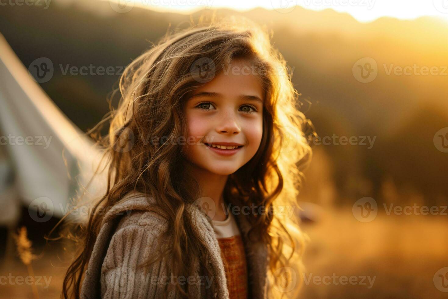 Portrait of cute little girl at camera while standing near camping tent at sunset AI generated photo