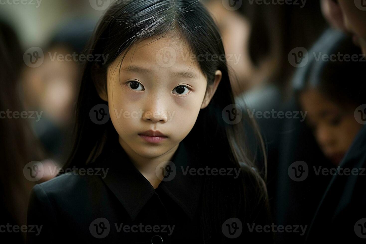 Portrait of a little asian girl with in the cemetery,Funeral Concept AI generated photo