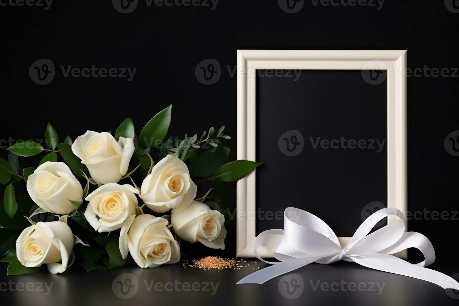 White roses with ribbon and photo frame on black background.Funeral Concept AI generated