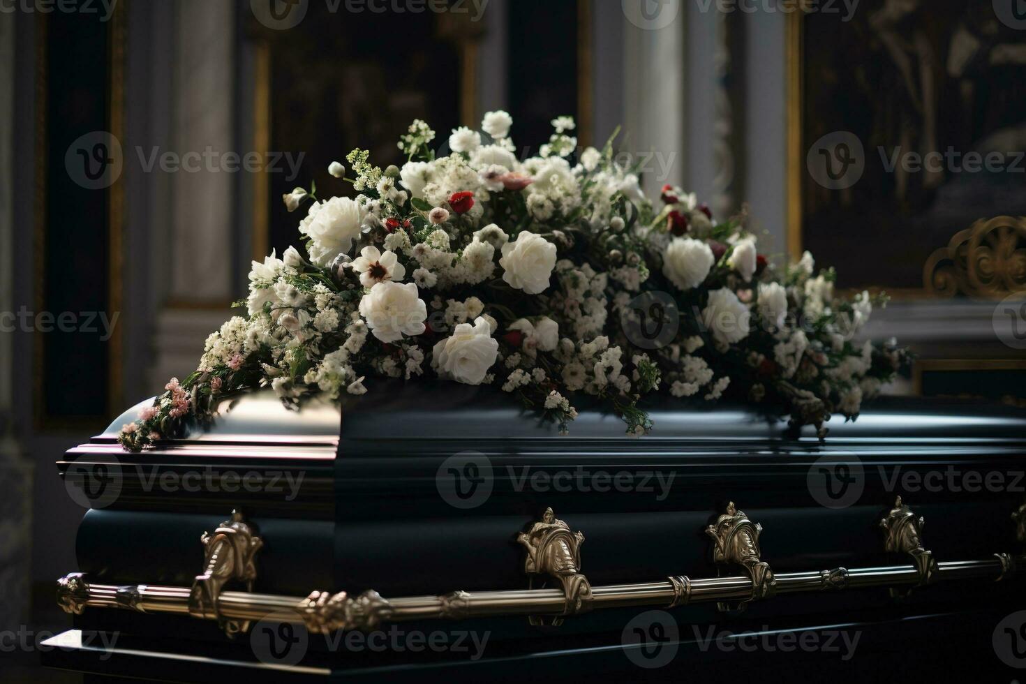 closeup shot of a casket in a hearse or chapel before funeral or burial at cemetery AI generated photo