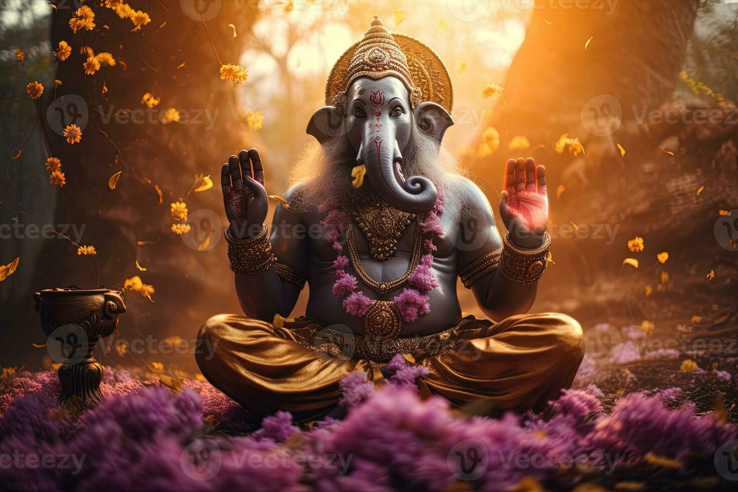 Hindu God Ganesha with flowers AI generated photo