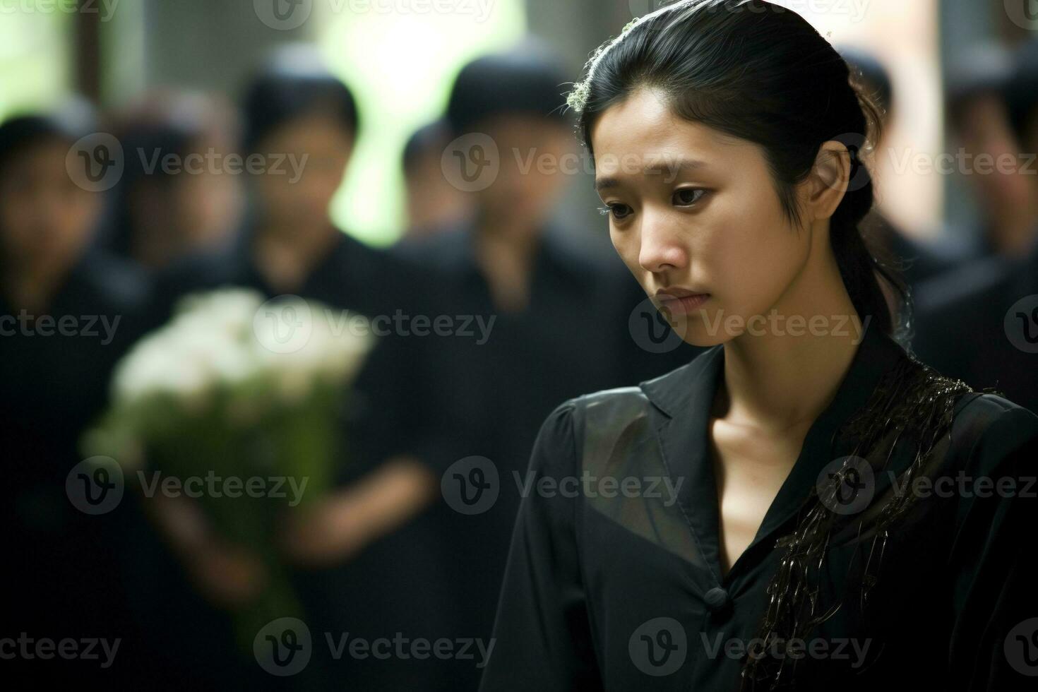 asiático mujer en luto a un funeral, superficial profundidad de campo.funeral concepto ai generado foto